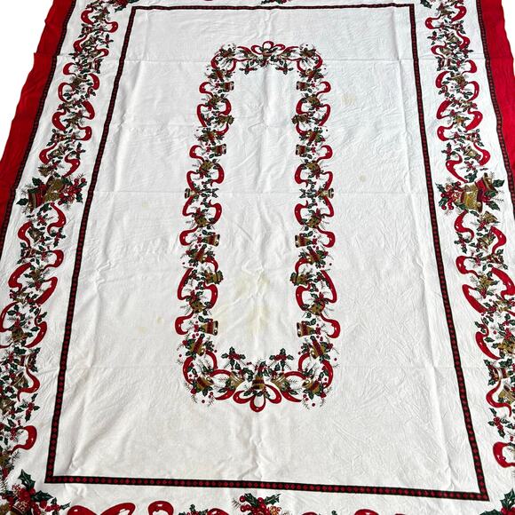 Vintage Christmas tablecloth Y2K long rectangle holiday white red green FLAWS - Picture 4 of 9